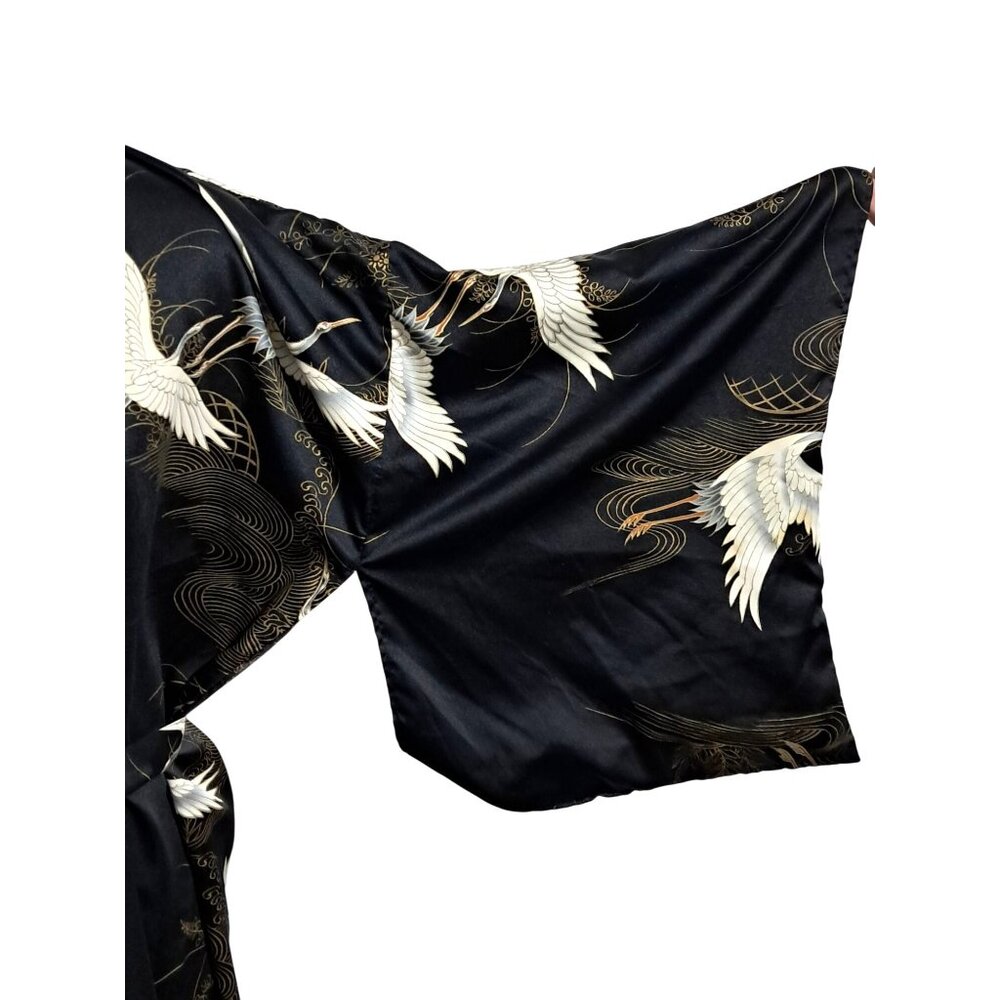 Vintage 70s Japanese Kimono Robe Black Satin Cranes Clouds Made in Japan Tag Rea - Picture 3 of 11